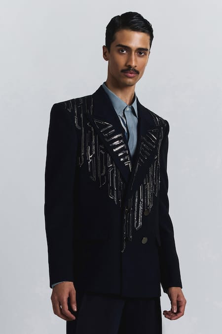 Line Out Line_Navy Suiting Beads, Sequins Shard Double-breasted Blazer _Online_at_Aza_Fashions