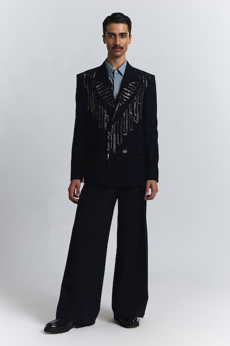 Shop_Line Out Line_Navy Suiting Beads, Sequins Shard Double-breasted Blazer _Online_at_Aza_Fashions