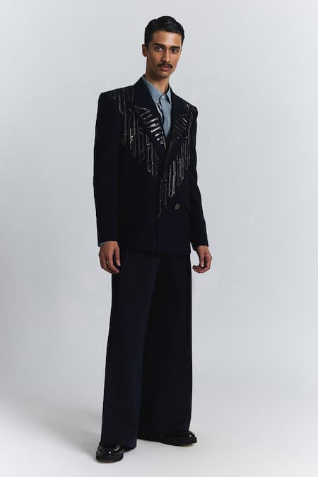 Line Out Line_Navy Suiting Beads, Sequins Shard Double-breasted Blazer _at_Aza_Fashions