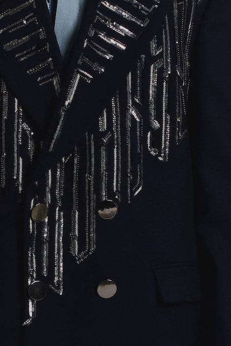 Buy_Line Out Line_Navy Suiting Beads, Sequins Shard Double-breasted Blazer 