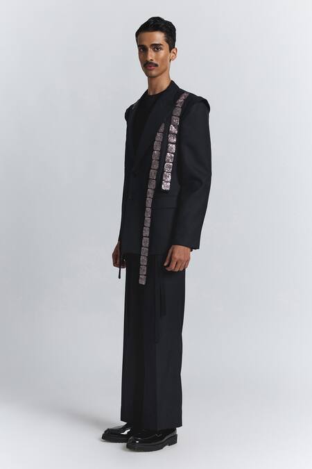 Buy_Line Out Line_Black Embroidery Chrome Band Blazer _Online_at_Aza_Fashions