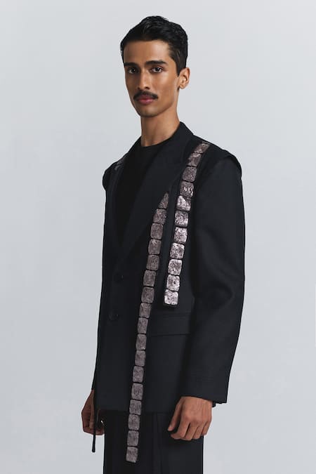 Line Out Line_Black Embroidery Chrome Band Blazer _at_Aza_Fashions