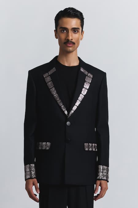 Line Out Line Black Grid Alloy Embellished Blazer 