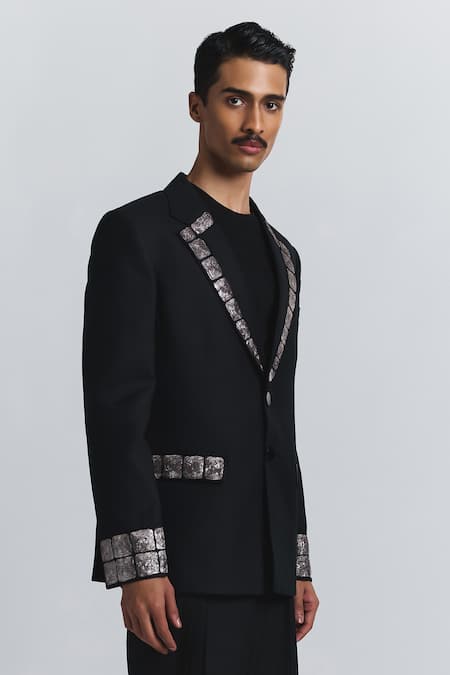 Line Out Line_Black Grid Alloy Embellished Blazer _Online_at_Aza_Fashions