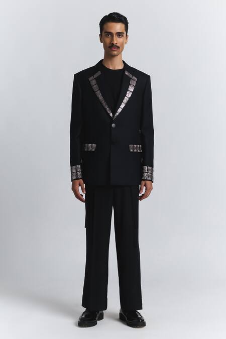 Buy_Line Out Line_Black Grid Alloy Embellished Blazer _Online_at_Aza_Fashions