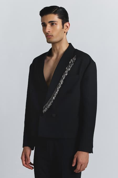 Line Out Line_Black Suiting Beads Gleam Blazer _Online_at_Aza_Fashions