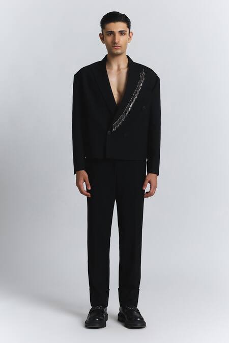 Buy_Line Out Line_Black Suiting Beads Gleam Blazer _Online_at_Aza_Fashions