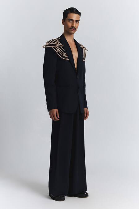 Shop Line Out Line Navy Cut Work Laser Panel Blazer Online at Aza Fashions Shop_Line Out Line_Navy Cut Work Laser Panel Blazer _Online_at_Aza_Fashions