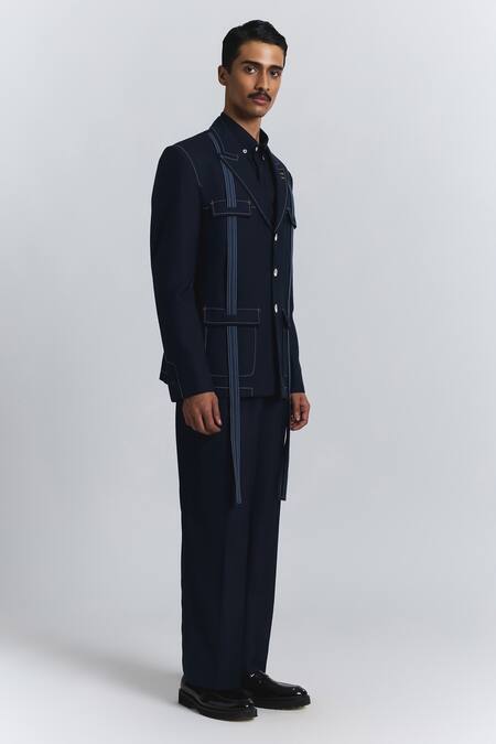 Line Out Line_Blue Cotton Embroidery Safari Style Blazer _Online_at_Aza_Fashions