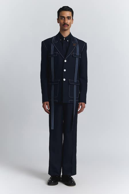 Buy_Line Out Line_Blue Cotton Embroidery Safari Style Blazer _Online_at_Aza_Fashions