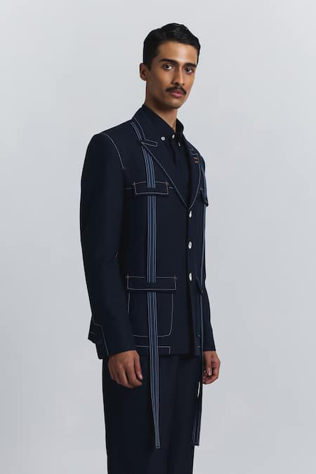 Line Out Line_Blue Cotton Embroidery Safari Style Blazer _at_Aza_Fashions