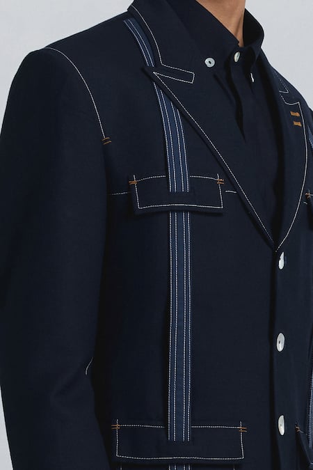 Buy_Line Out Line_Blue Cotton Embroidery Safari Style Blazer 