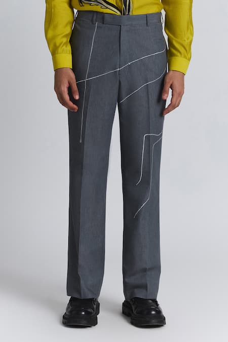 Line Out Line_Gray Denim Embroidery Grey Traverse Pant _Online_at_Aza_Fashions
