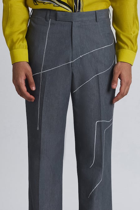 Shop_Line Out Line_Gray Denim Embroidery Grey Traverse Pant _Online_at_Aza_Fashions