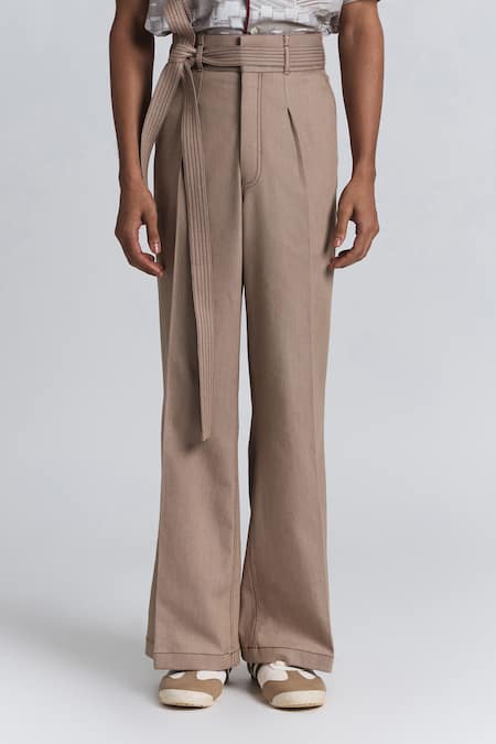 Line Out Line Beige Denim Piping Modulus Pleat Trouser Online at Aza Fashions Line Out Line_Beige Denim Piping Modulus Pleat Trouser _Online_at_Aza_Fashions