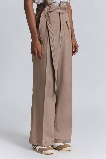 Buy Line Out Line Beige Denim Piping Modulus Pleat Trouser Online at Aza Fashions Buy_Line Out Line_Beige Denim Piping Modulus Pleat Trouser _Online_at_Aza_Fashions