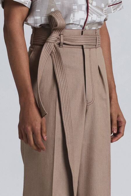 Shop Line Out Line Beige Denim Piping Modulus Pleat Trouser Online at Aza Fashions Shop_Line Out Line_Beige Denim Piping Modulus Pleat Trouser _Online_at_Aza_Fashions