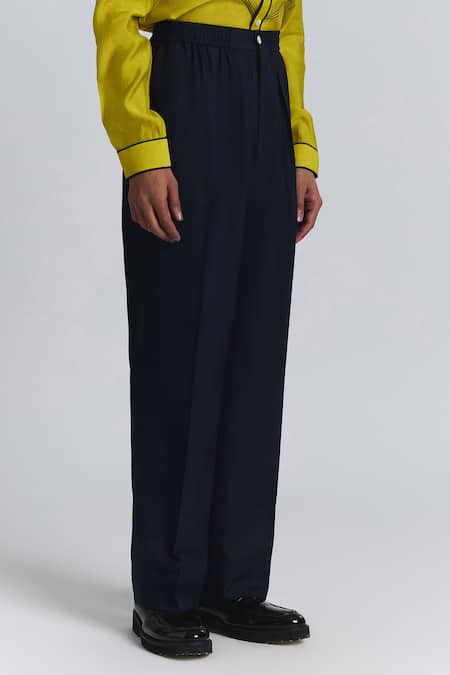 Line Out Line Navy Cotton Blue Elastic Waist Band Pant Online at Aza Fashions Line Out Line_Navy Cotton Blue Elastic Waist Band Pant _Online_at_Aza_Fashions