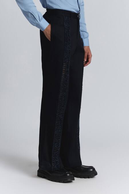 Line Out Line Navy Denim Cut Work Laser-cut Panel Trouser Online at Aza Fashions Line Out Line_Navy Denim Cut Work Laser-cut Panel Trouser _Online_at_Aza_Fashions
