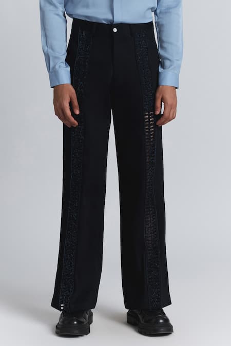 Buy Line Out Line Navy Denim Cut Work Laser-cut Panel Trouser Online at Aza Fashions Buy_Line Out Line_Navy Denim Cut Work Laser-cut Panel Trouser _Online_at_Aza_Fashions