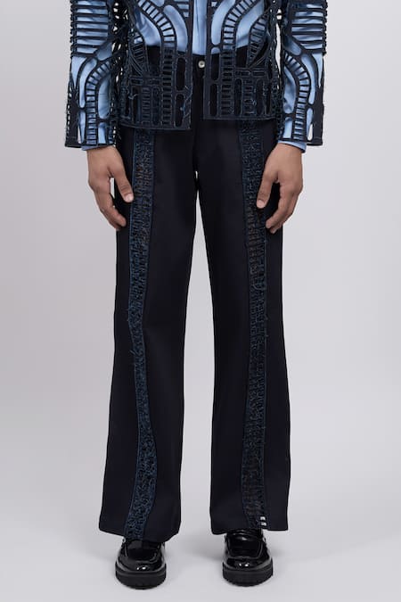 Shop Line Out Line Navy Denim Cut Work Laser-cut Panel Trouser Online at Aza Fashions Shop_Line Out Line_Navy Denim Cut Work Laser-cut Panel Trouser _Online_at_Aza_Fashions