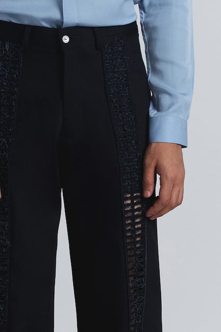 Line Out Line Navy Denim Cut Work Laser-cut Panel Trouser at Aza Fashions Line Out Line_Navy Denim Cut Work Laser-cut Panel Trouser _at_Aza_Fashions