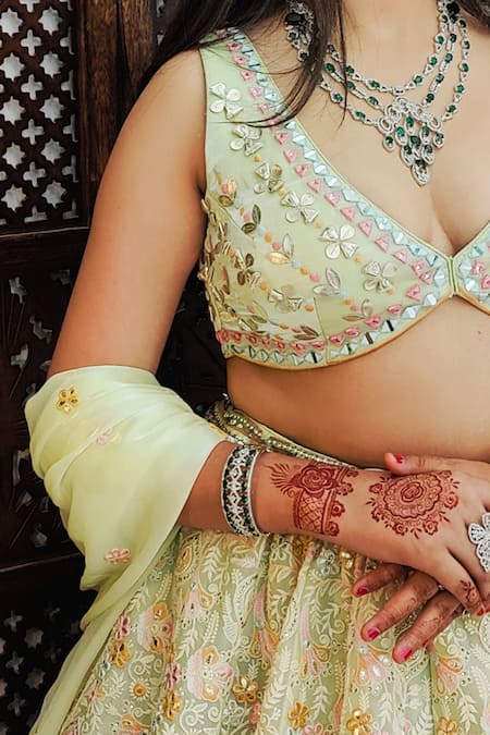 Shop Amaltas Couture Mint Organza Mirrors, Embroidery, Gota Patti, Zari, Leather Work Lehenga Set Online at Aza Fashions Shop_Amaltas Couture_Mint Organza Mirrors, Embroidery, Gota Patti, Zari, Leather Work Lehenga Set _Online_at_Aza_Fashions