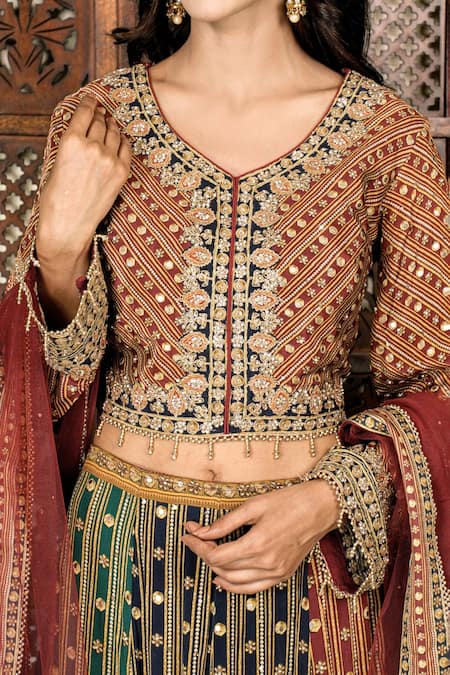 Amaltas Couture Green Crepe, Net Embroidery, Beads, Stones, Dori Marodi Work Lehenga Set at Aza Fashions Amaltas Couture_Green Crepe, Net Embroidery, Beads, Stones, Dori Marodi Work Lehenga Set _at_Aza_Fashions