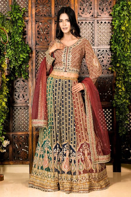 Amaltas Couture Green Crepe, Net Embroidery, Beads, Stones, Dori Marodi Work Lehenga Set 