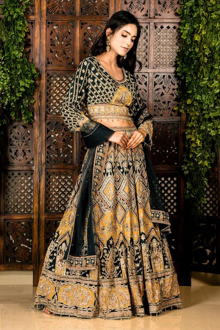 Amaltas Couture Yellow Crepe Beads, Embroidery, Sequins V-neck Dori Marod Work Lehenga Set Online at Aza Fashions Amaltas Couture_Yellow Crepe Beads, Embroidery, Sequins V-neck Dori Marod Work Lehenga Set _Online_at_Aza_Fashions