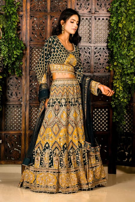 Amaltas Couture Yellow Crepe Beads, Embroidery, Sequins V-neck Dori Marod Work Lehenga Set 
