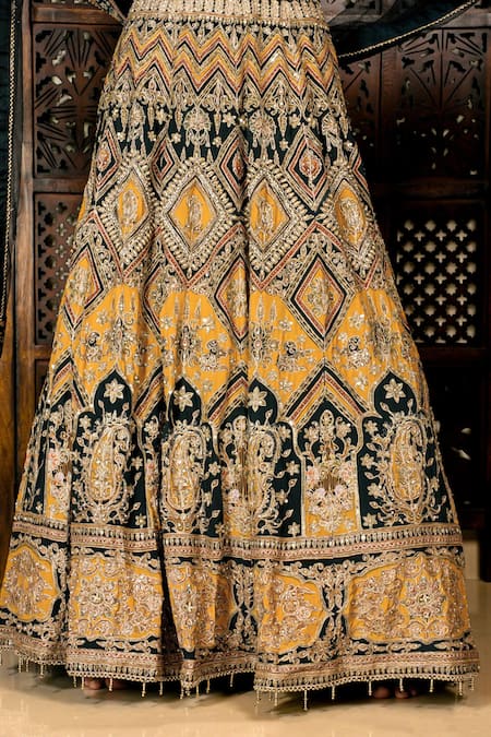 Shop Amaltas Couture Yellow Crepe Beads, Embroidery, Sequins V-neck Dori Marod Work Lehenga Set Online at Aza Fashions Shop_Amaltas Couture_Yellow Crepe Beads, Embroidery, Sequins V-neck Dori Marod Work Lehenga Set _Online_at_Aza_Fashions