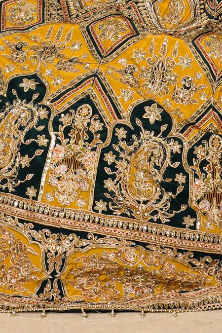 Amaltas Couture Yellow Crepe Beads, Embroidery, Sequins V-neck Dori Marod Work Lehenga Set at Aza Fashions Amaltas Couture_Yellow Crepe Beads, Embroidery, Sequins V-neck Dori Marod Work Lehenga Set _at_Aza_Fashions