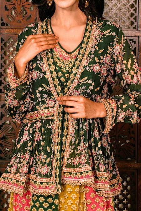 Buy_Amaltas Couture_Green Crepe Gota Patti, Beads, Crystals, Mirrors, Work Jacket Lehenga Set _Online_at_Aza_Fashions