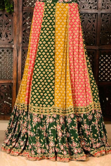 Shop_Amaltas Couture_Green Crepe Gota Patti, Beads, Crystals, Mirrors, Work Jacket Lehenga Set _Online_at_Aza_Fashions