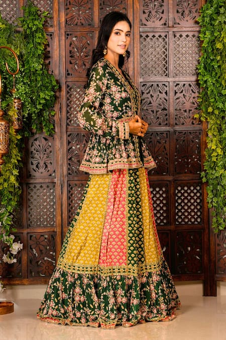 Amaltas Couture_Green Crepe Gota Patti, Beads, Crystals, Mirrors, Work Jacket Lehenga Set _at_Aza_Fashions