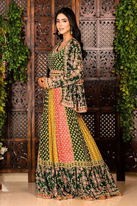 Buy_Amaltas Couture_Green Crepe Gota Patti, Beads, Crystals, Mirrors, Work Jacket Lehenga Set 