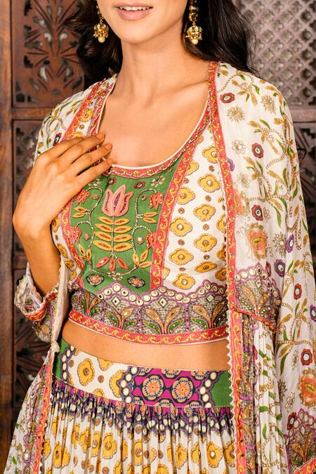 Amaltas Couture_Green Crepe Gota Patti, Beads, Crystals, Color Block Pattern Lehenga Set _Online_at_Aza_Fashions