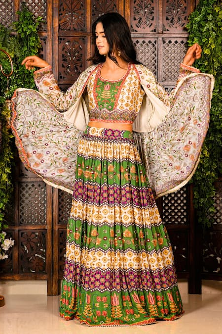 Buy_Amaltas Couture_Green Crepe Gota Patti, Beads, Crystals, Color Block Pattern Lehenga Set _Online_at_Aza_Fashions