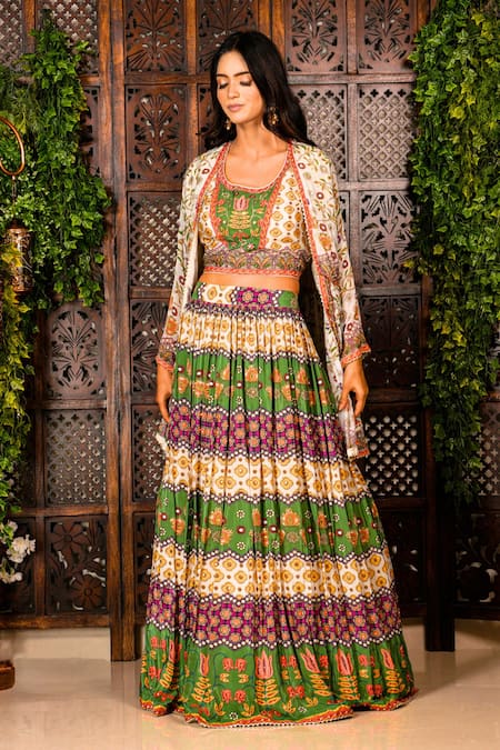 Shop_Amaltas Couture_Green Crepe Gota Patti, Beads, Crystals, Color Block Pattern Lehenga Set _Online_at_Aza_Fashions