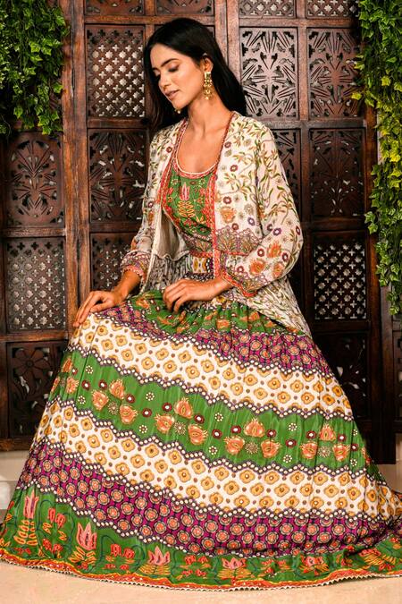 Amaltas Couture_Green Crepe Gota Patti, Beads, Crystals, Color Block Pattern Lehenga Set _at_Aza_Fashions