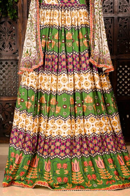 Buy_Amaltas Couture_Green Crepe Gota Patti, Beads, Crystals, Color Block Pattern Lehenga Set 