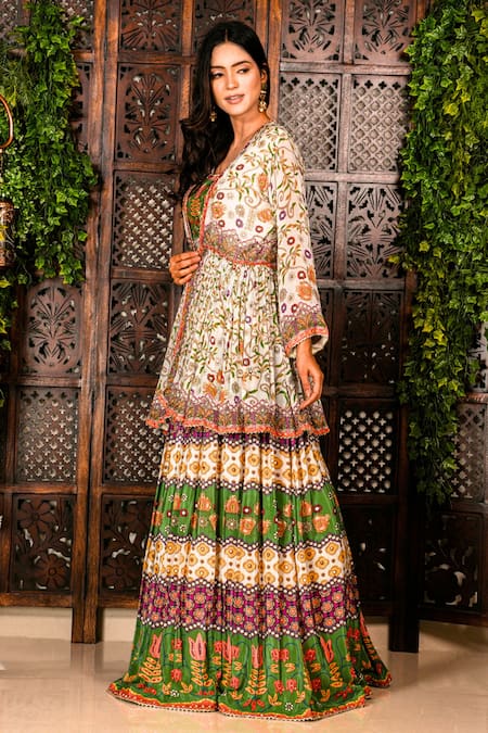 Shop_Amaltas Couture_Green Crepe Gota Patti, Beads, Crystals, Color Block Pattern Lehenga Set 