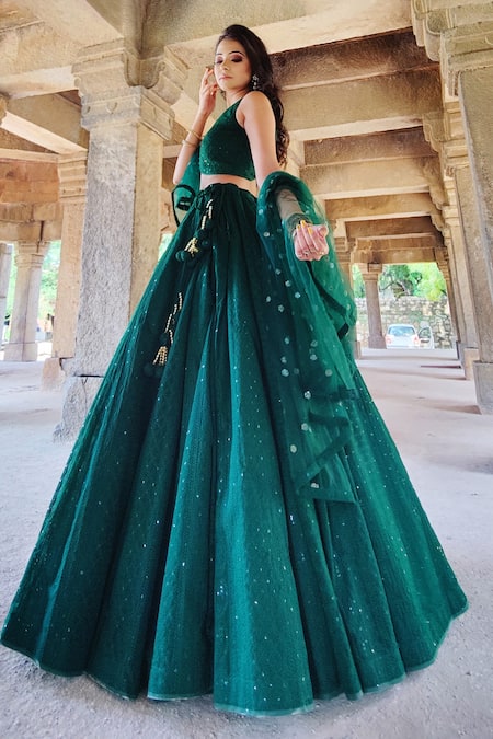 Shop Amaltas Couture Green Georgette Sequins, Embroidery V-neck Lucknowi Lehenga Set Online at Aza Fashions Shop_Amaltas Couture_Green Georgette Sequins, Embroidery V-neck Lucknowi Lehenga Set _Online_at_Aza_Fashions