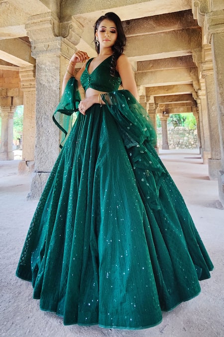 Amaltas Couture Green Georgette Sequins, Embroidery V-neck Lucknowi Lehenga Set 