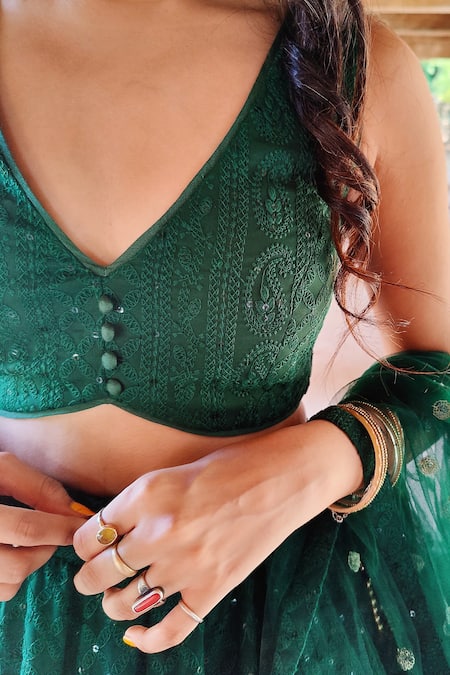 Amaltas Couture Green Georgette Sequins, Embroidery V-neck Lucknowi Lehenga Set at Aza Fashions Amaltas Couture_Green Georgette Sequins, Embroidery V-neck Lucknowi Lehenga Set _at_Aza_Fashions