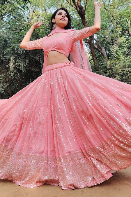 Amaltas Couture_Peach Georgette Sequins, Embroidery Square Neck Lehenga Set _Online_at_Aza_Fashions