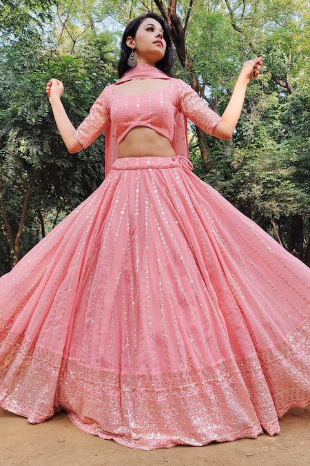 Amaltas Couture_Peach Georgette Sequins, Embroidery Square Neck Lehenga Set _at_Aza_Fashions