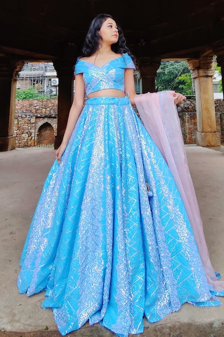 Amaltas Couture Blue Georgette, Organza Sequins Off-shoulder, Sweetheart Embroidered Lehenga Set Online at Aza Fashions Amaltas Couture_Blue Georgette, Organza Sequins Off-shoulder, Sweetheart Embroidered Lehenga Set _Online_at_Aza_Fashions