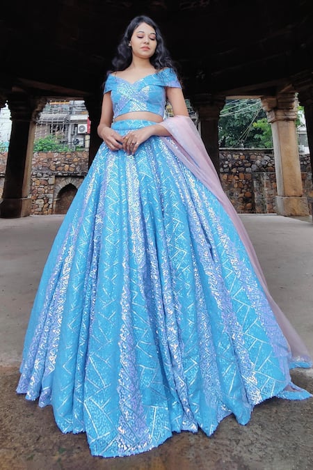 Buy Amaltas Couture Blue Georgette, Organza Sequins Off-shoulder, Sweetheart Embroidered Lehenga Set Online at Aza Fashions Buy_Amaltas Couture_Blue Georgette, Organza Sequins Off-shoulder, Sweetheart Embroidered Lehenga Set _Online_at_Aza_Fashions